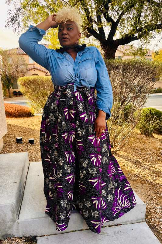 Purple Flower African Skirt With Head Wrap