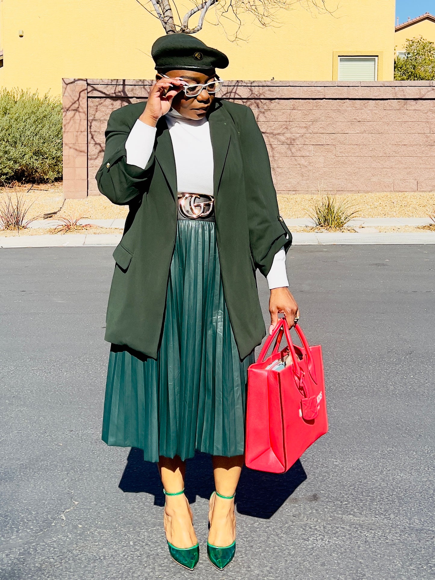 Leather Pleated Skirt (Forest Green)