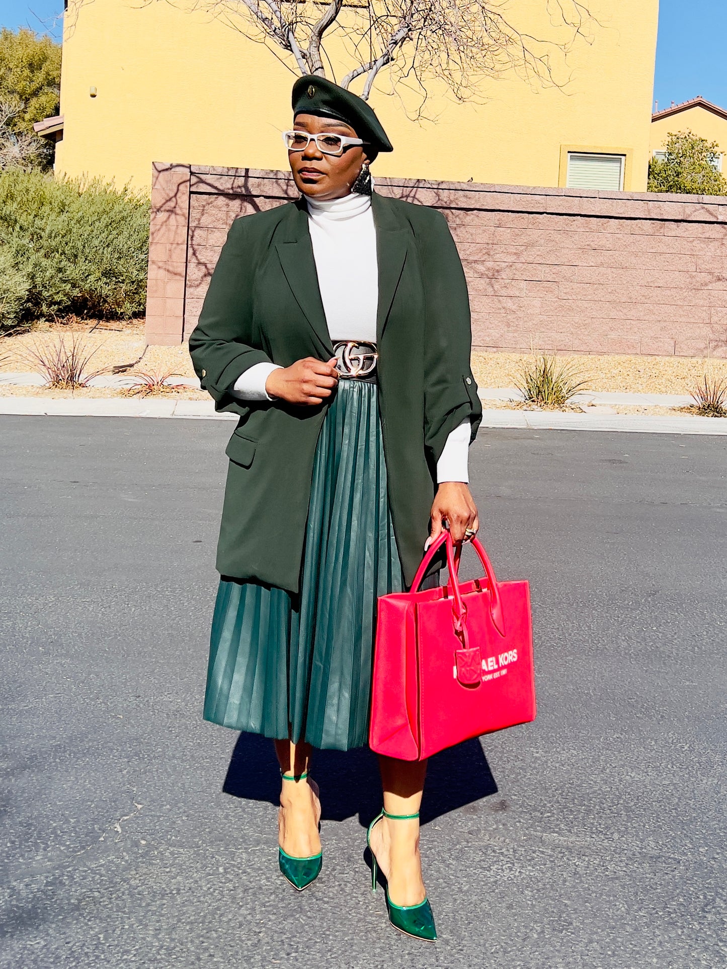 Leather Pleated Skirt (Forest Green)